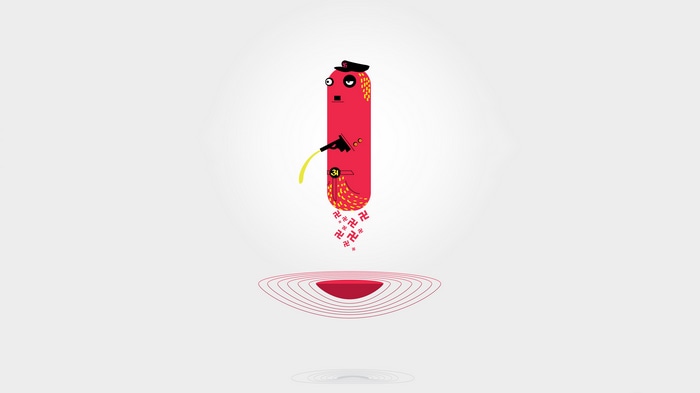 Red character with swastikas falling into a red circle