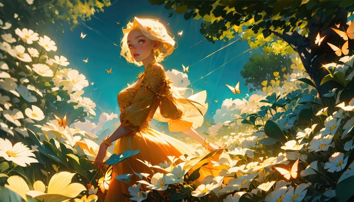 Fantasy girl in yellow dress surrounded by flowers and butterflies