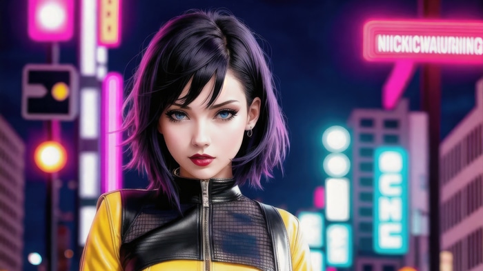 Cyberpunk woman with purple hair in neon city