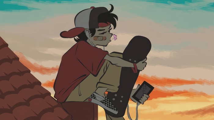 Artwork of a person with a skateboard and phone