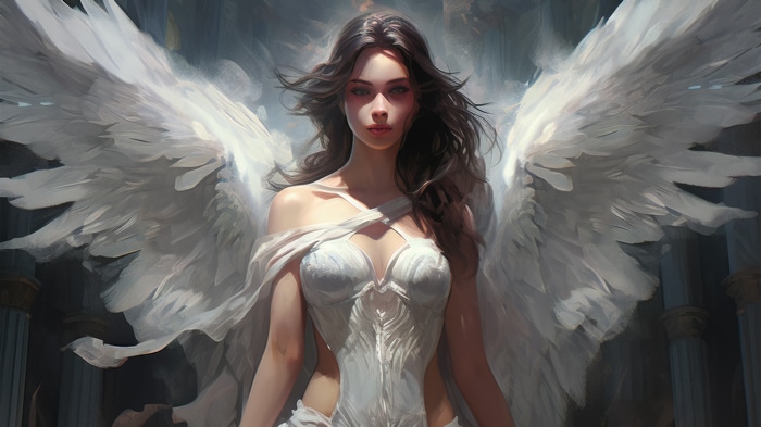 Angel with white wings and dress, digital art 4K