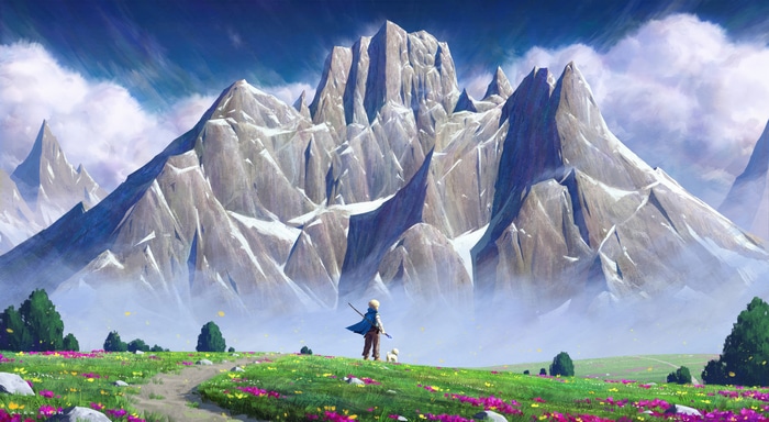Digital art of a person and dog in a mountain landscape