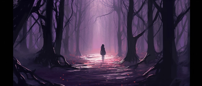 Anime girl walking in a purple forest