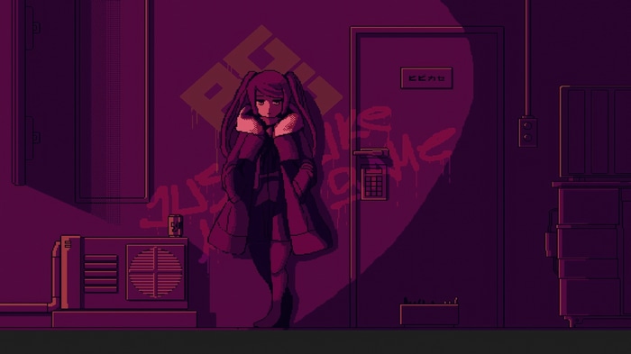 Girl in a coat in a dimly lit room, VA-11 Hall-A