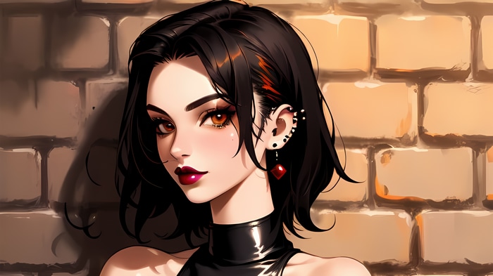 Anime girl with black hair and red earrings