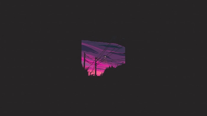 Pixel art of a vibrant sunset with power lines