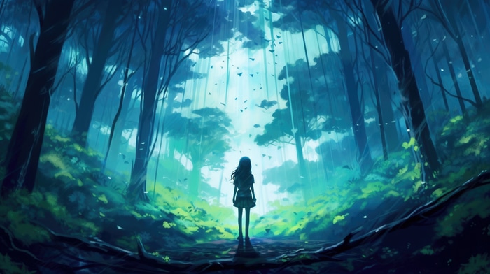 Anime girl standing in a magical forest