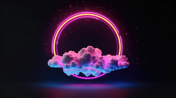 Neon ring above pink and blue clouds