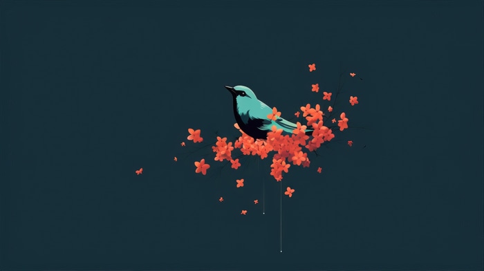 Minimalist artwork of a blue bird on orange flowers