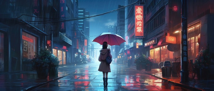 Anime girl with umbrella in rainy city street