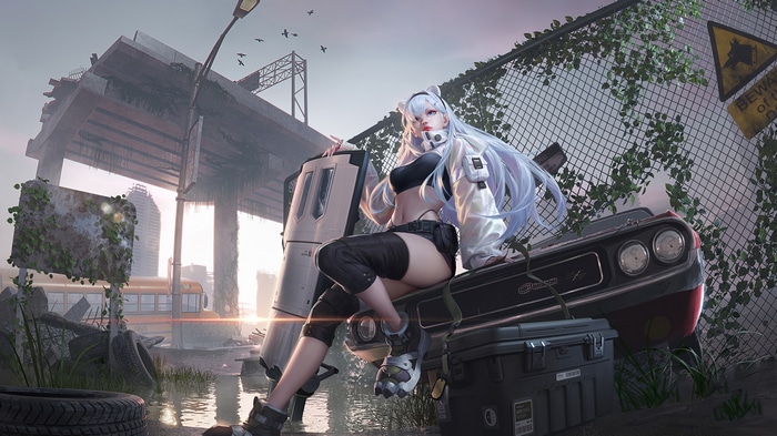Anime girl with white hair sitting on a car