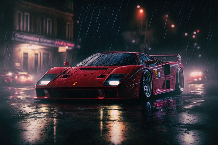 Red Ferrari F40 on a Rainy Street
