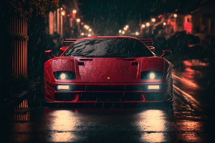 Red Ferrari F40 in the rain at night