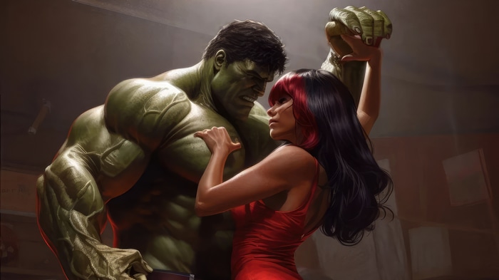 Hulk and a woman in a red dress