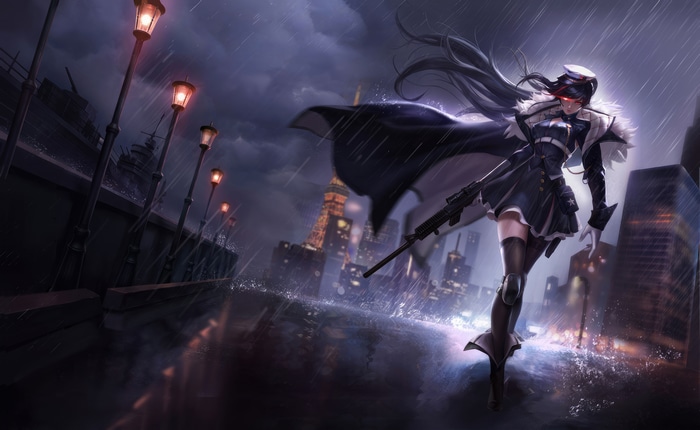 Anime girl with rifle in rainy city