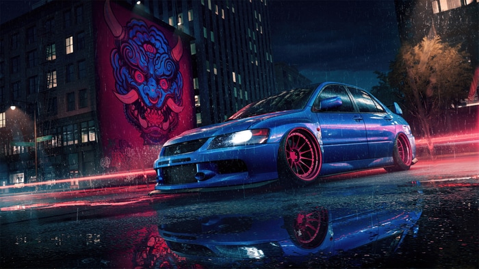 Need for Speed Unbound Blue Car in Rainy City
