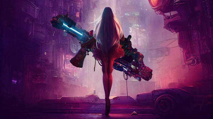 Cyberpunk woman with large sci-fi weapons