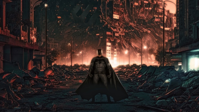 Batman in a destroyed city