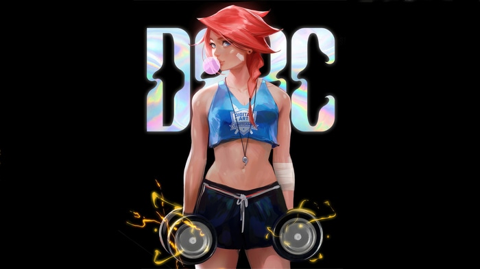 Artwork of a woman with red hair holding dumbbells