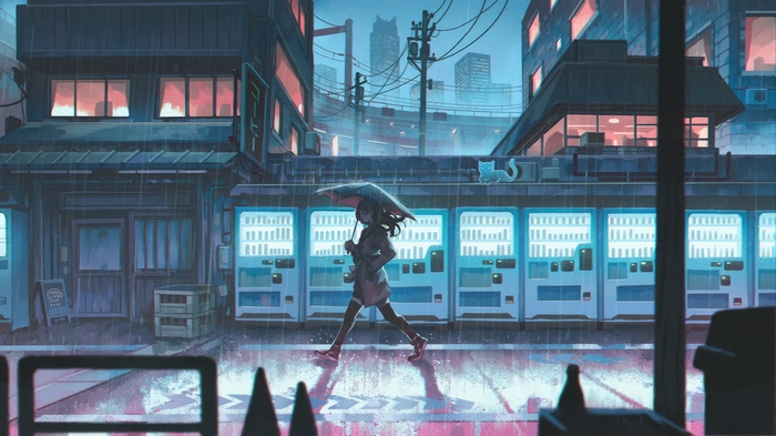 Girl with Umbrella in Rainy City