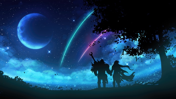 Couple under starry sky with moon and shooting stars