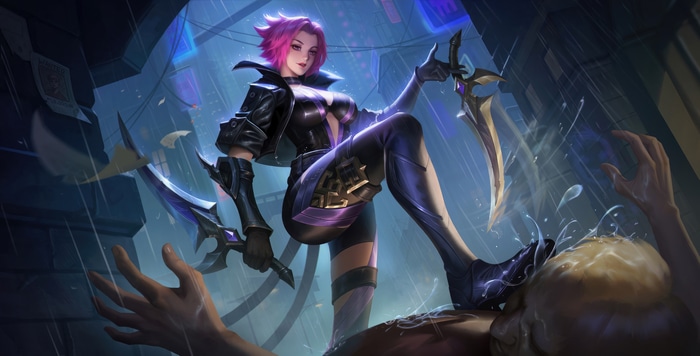 Honor of Kings artwork of a woman with pink hair holding daggers