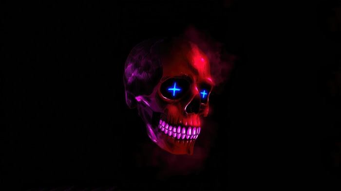 Red and purple skull with blue cross eyes