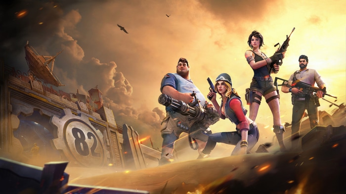 Four characters with weapons in a post-apocalyptic setting