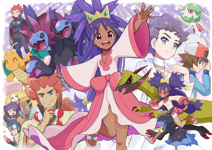 Iris, Hilbert, and Diantha with Pokémon