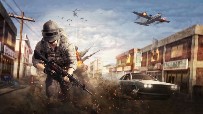 PUBG soldier in a burning town with planes and helicopters