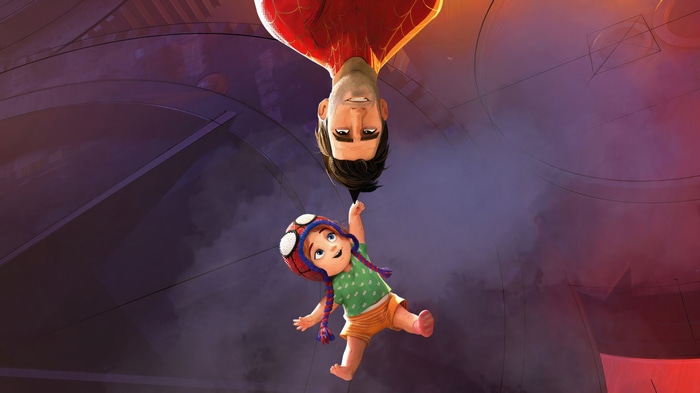 Spider-Man and a child hanging upside down