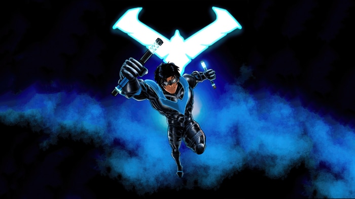 Nightwing with glowing escrima sticks and symbol