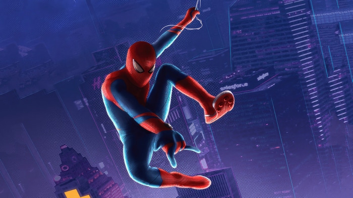 Spider-Man swinging through a futuristic city
