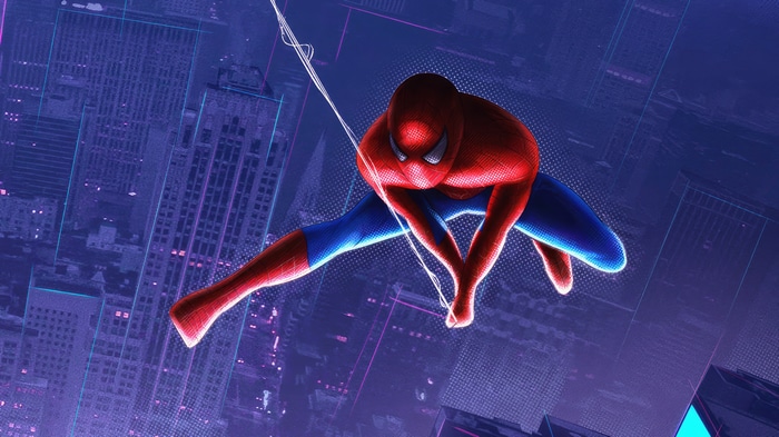 Spider-Man swinging through a futuristic city