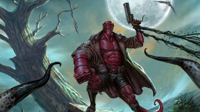 Hellboy artwork with a large moon and tentacles