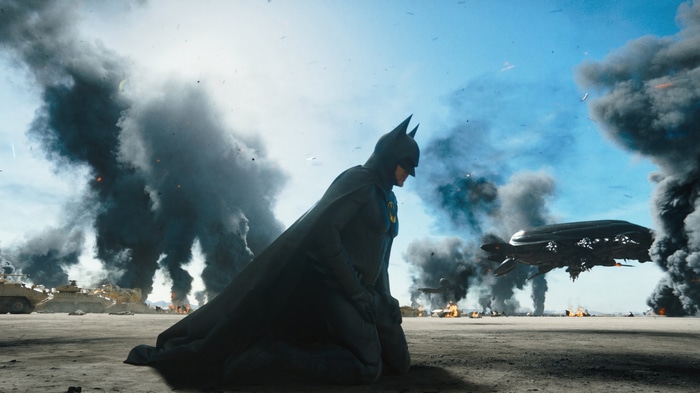 Batman in a post-apocalyptic battle scene