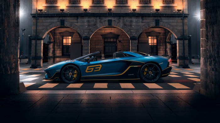 Blue Lamborghini Aventador SVJ Roadster 63