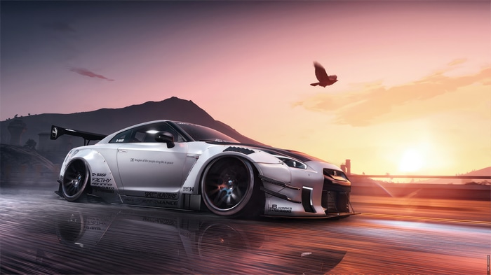 White Nissan GTR with Widebody Kit at Sunset