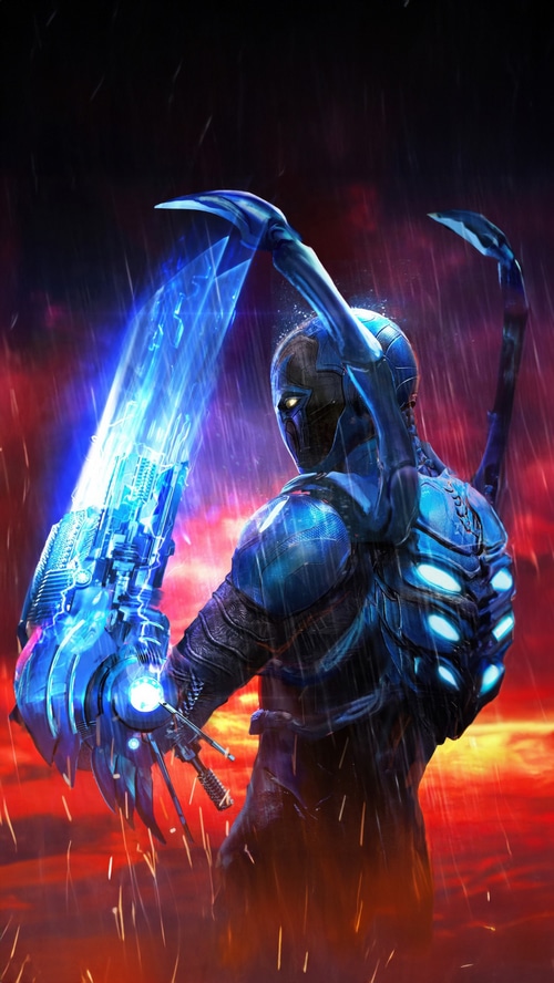 Blue Beetle with energy weapon in the rain
