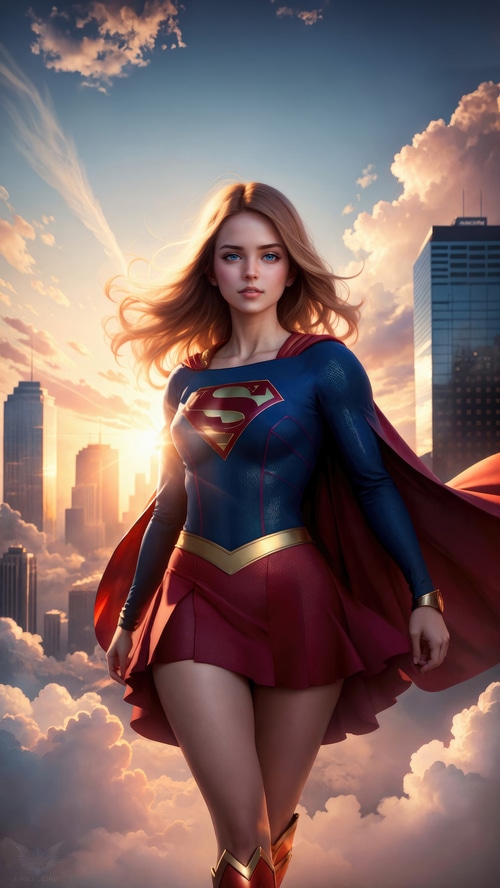 Supergirl standing in front of city buildings at sunset