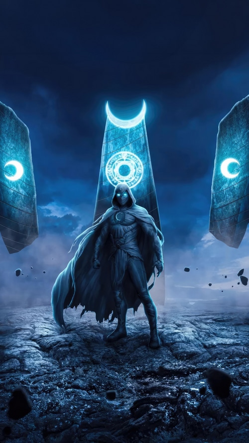 Moon Knight standing in front of glowing moon symbols