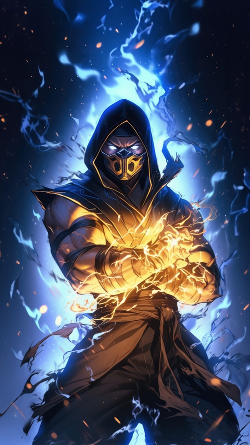 Scorpion from Mortal Kombat with glowing hands