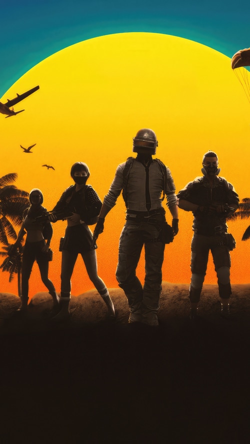 PUBG characters walking at sunset with planes and parachute