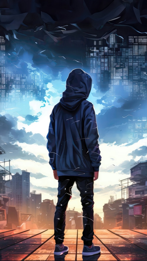 Person in hoodie standing in futuristic city