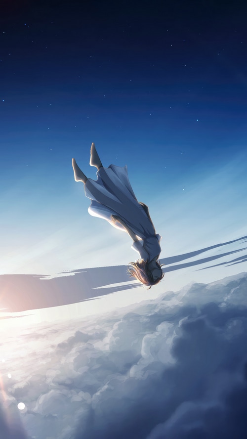 Anime girl falling through the sky above clouds