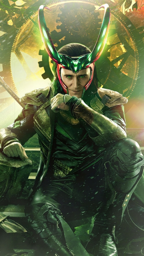 Loki in his iconic horned helmet and green suit