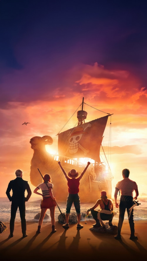 One Piece characters on a beach with a ship
