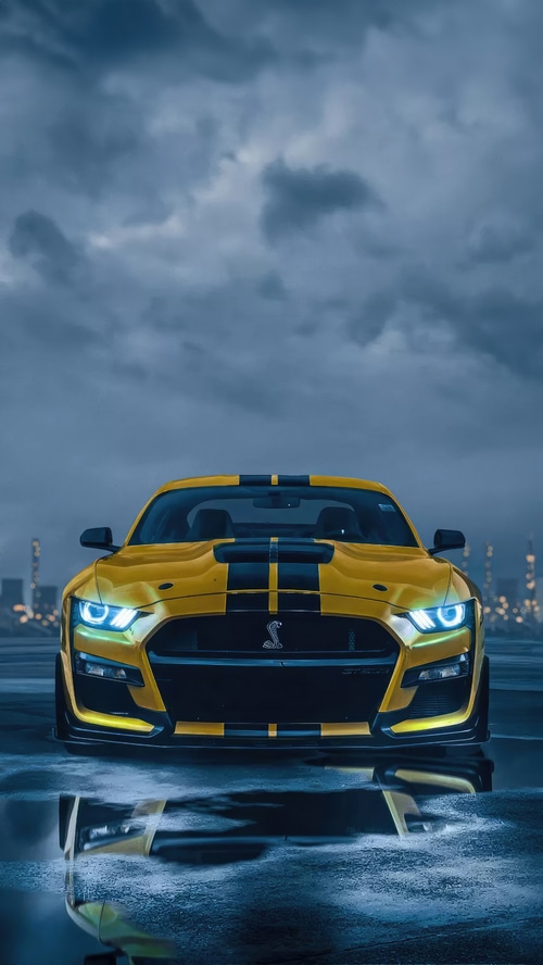 Yellow Ford Mustang Shelby GT500 with Black Stripes