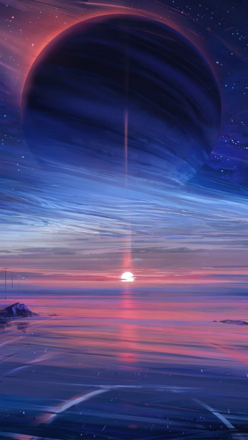 Digital Art of a Planet Over a Sunset Sea