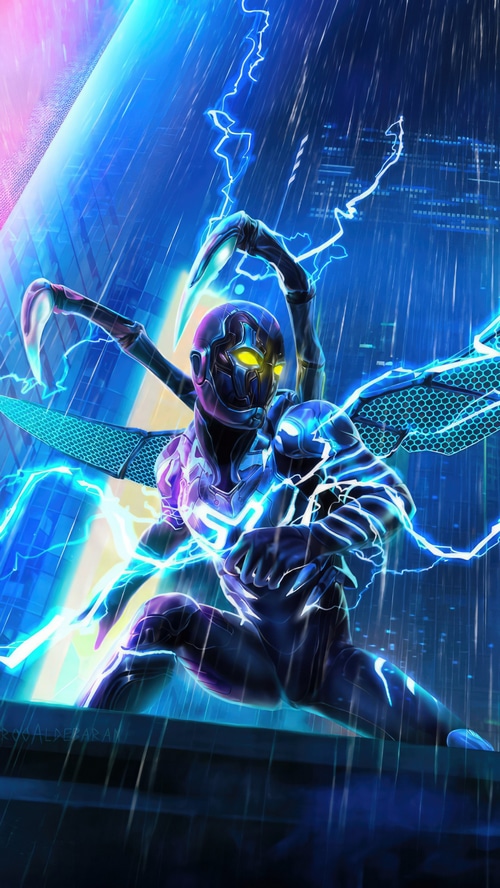 Blue Beetle in a rainy city with lightning